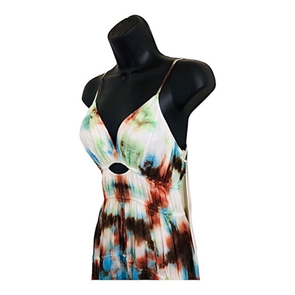 YFB Young fabulous & broke delphine chiffon blue brown tiedye cutout maxi dress - Picture 3 of 16